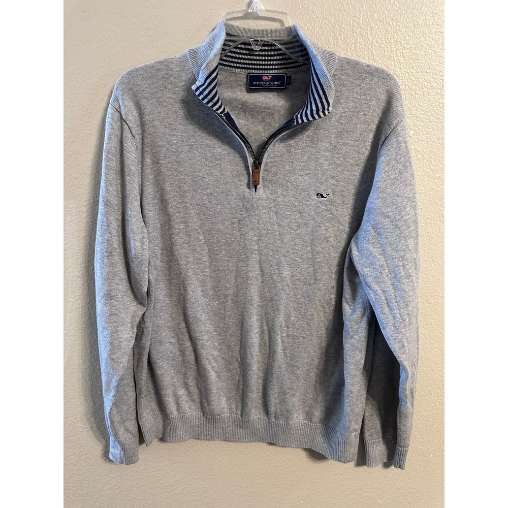 Vineyard Vines Quarter Zip Pullover Sweater‎ Mens Large Gray Striped Collar